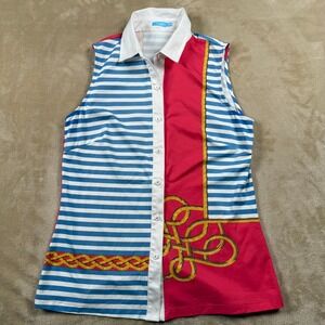 J.McLaughlin‎ Nautical Sleeveless Golf Polo Shirt Blue Stripe Pink Gold Rope S